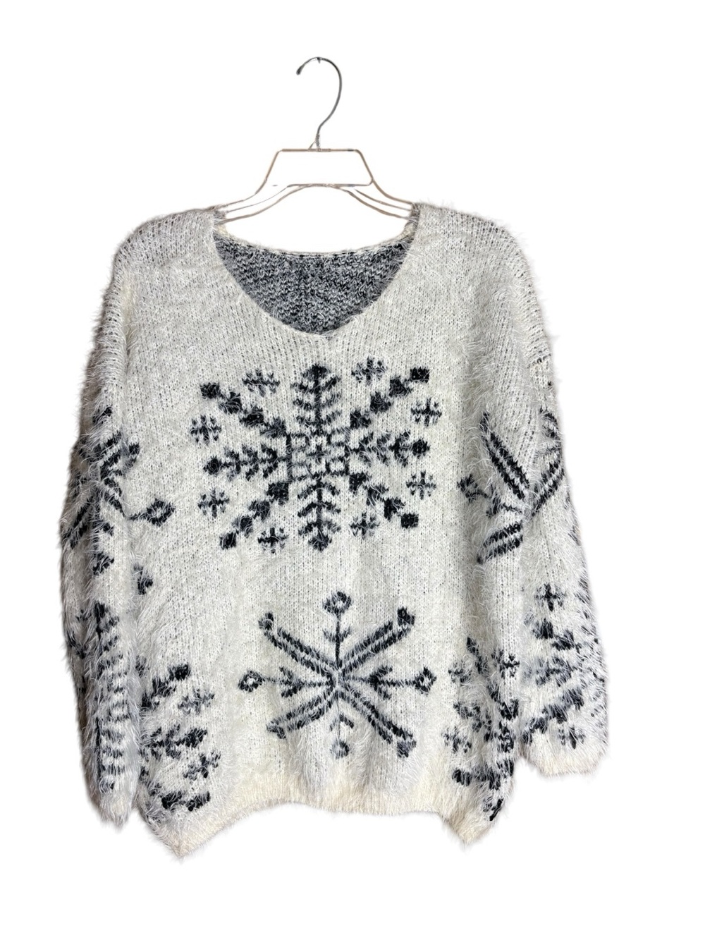Fuzzy Eyelash Knit Snowflake Sweater Oversized Winter Cottagecore White Black 2X